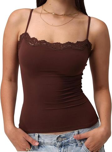 Women's Sexy Square Neck Lace Trim Cami Tank Tops Fitted Sleeveless Crop Spaghetti Strap Summer Y2k Tops in Saudi Arabia