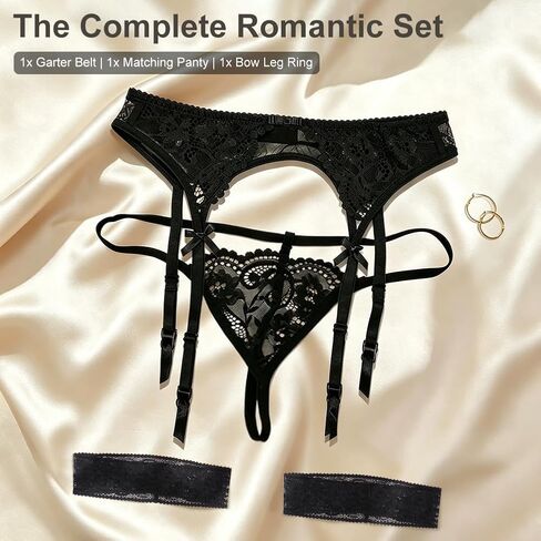 3 Pcs Lace Garter Belt for Women, Sexy Mesh Suspender with Thong & Leg Ring, for Thigh High Stockings (No Sock) in Saudi Arabia