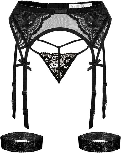 3 Pcs Lace Garter Belt for Women, Sexy Mesh Suspender with Thong & Leg Ring, for Thigh High Stockings (No Sock) in Saudi Arabia