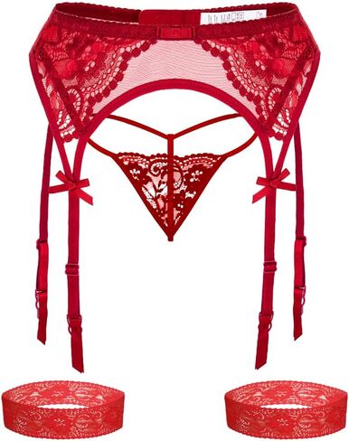 3 Pcs Lace Garter Belt for Women, Sexy Mesh Suspender with Thong & Leg Ring, for Thigh High Stockings (No Sock) in Saudi Arabia