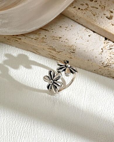 Silver Big Daisy Adjustable Ring for Women Open Silver Flower Statement Rings Hypoallergenic Boho Vintage Jewelry in Saudi Arabia