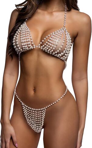 Sexy Bra and Panty Set Roma Vintage Heat Pearl Beaded Chain Bikini Lingerie Set Triangle Bra Thong Exotic Dancewear Women in Saudi Arabia