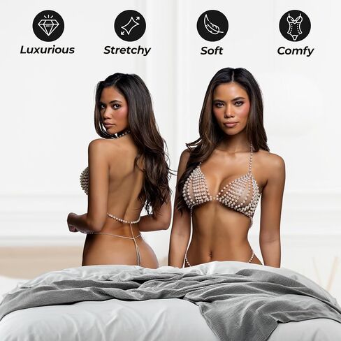 Sexy Bra and Panty Set Roma Vintage Heat Pearl Beaded Chain Bikini Lingerie Set Triangle Bra Thong Exotic Dancewear Women in Saudi Arabia