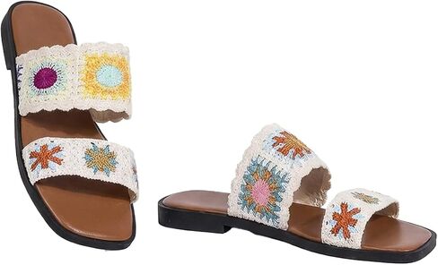 GORGLITTER Women's Mexican Woven Sandals Floral Crochet Pattern Vacation Boho Flats Retro Double Strap Open Toe Slide Shoes in Kuwait