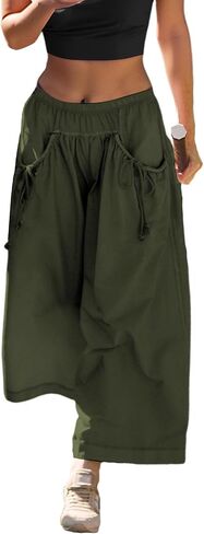 Arssm Women's Wide Leg Pants Casual Lounge Elastic Waist Capri Hiking Pants with Drawstring Pockets in Kuwait