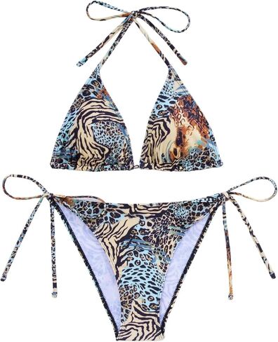 WDIRARA Women's Leopard 2 Piece Swimsuit Halter Triangle String Bikini Set Tie Side Bathing Suits in Kuwait
