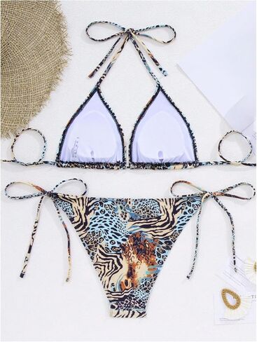 WDIRARA Women's Leopard 2 Piece Swimsuit Halter Triangle String Bikini Set Tie Side Bathing Suits in Kuwait
