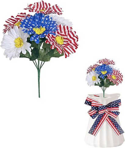 Patriotic Artificial Daisy Bouquet Red White and Blue American Flag Design 4th of July Independence Day Artificial Flowers for Home Party Centerpiece Decor in Kuwait