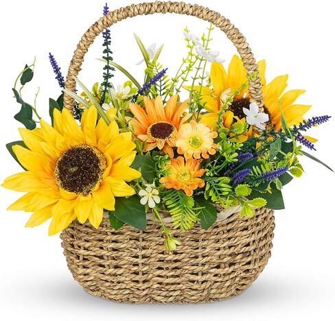Sunflowers Artificial Flowers, Spring/Summer Flower Centerpieces for Tables Silk Flower Arrangements with Woven Basket Fake Sunflowers with Daisy & Lavender Dinner Table Centerpiece for Indoor Outdoor in Kuwait