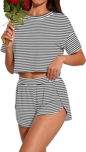 PrinStory Womens Pajama Sets Side Split Shorts Pj Set Cute Pjs 2 Piece Summer Lounge Sets in Kuwait