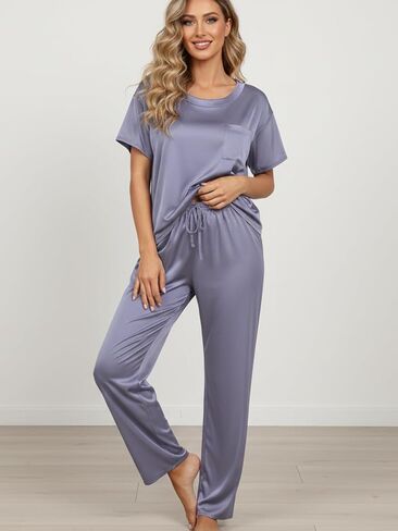 Lounge Set for Women, Two Piece Outfits, Pajama Sets Short Sleeve Top and Pants, Elastic Waist,Lightweight Summer Pajamas in Kuwait