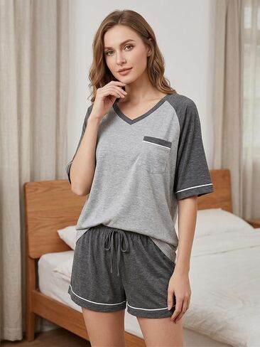 Pajama Set Sleepwear Nightwear Lightweight Quick Dry Soft Short Sleeve V-Neck Summer Sleep Set With Pocket in Kuwait