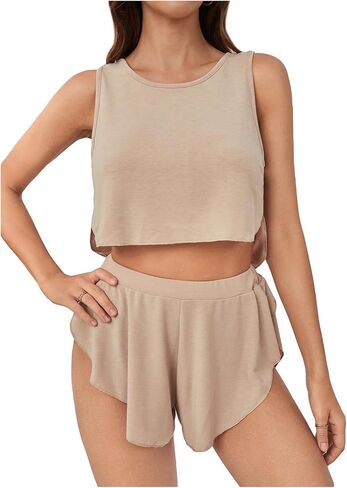 OYOANGLE Women's 2 Piece Pajama Set Loungewear Backless Crop Tank Tops and Split Shorts Pjs Sleepwear in Kuwait