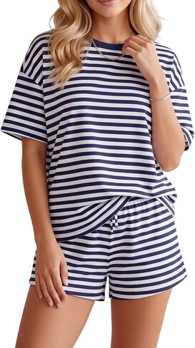 Women Striped Lounge Set 2 Piece Cute Striped Pajamas Shorts Set Short Sleeve T Shirts Drawstring Summer Loungewear in Saudi Arabia
