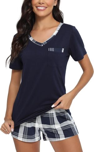 Women's Sleepwear Short Sleeve Pajama Sets Casual V Neck Shirt Plaid Bottom in Saudi Arabia