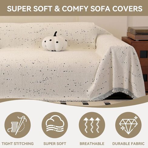YDKGL Washable Couch Covers for Sofa, Couch Covers Blanket for Dogs, Non Slip Sofa Cover 2 Cushion Pet Furniture Protector with Tassels, Soft Fluffy Sofa Slipcover for Kids Dogs, Beige/White 71"x118" in Saudi Arabia
