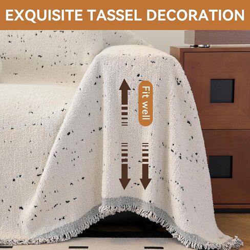 YDKGL Washable Couch Covers for Sofa, Couch Covers Blanket for Dogs, Non Slip Sofa Cover 2 Cushion Pet Furniture Protector with Tassels, Soft Fluffy Sofa Slipcover for Kids Dogs, Beige/White 71"x118" in Saudi Arabia