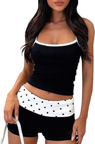 RUEWEY Women 2 Piece Polka Dots Pajama Set Y2k Sleeveless Cami Tank Top and Fold Over Shorts Lounge Set Sleepwear in Saudi Arabia