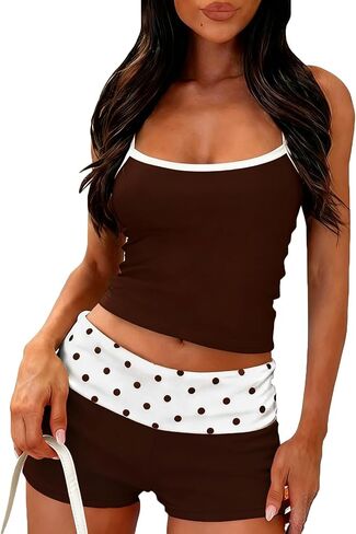 RUEWEY Women 2 Piece Polka Dots Pajama Set Y2k Sleeveless Cami Tank Top and Fold Over Shorts Lounge Set Sleepwear in Saudi Arabia