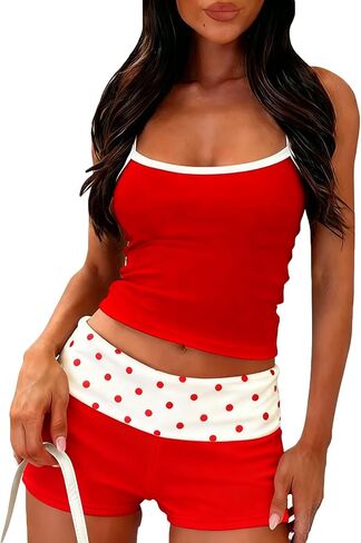 RUEWEY Women 2 Piece Polka Dots Pajama Set Y2k Sleeveless Cami Tank Top and Fold Over Shorts Lounge Set Sleepwear in Saudi Arabia
