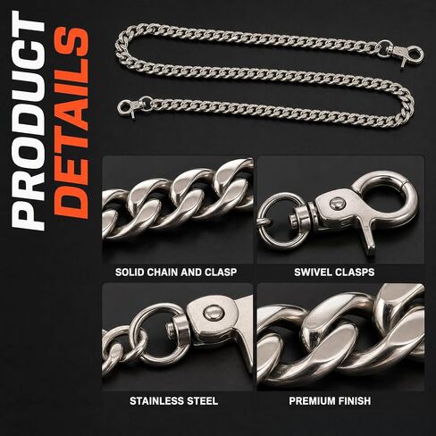 Chedin Heavy Duty Silver Chain Belt for Men, Stainless Steel Waist Chain for Wallet & Pants, Punk Hip Hop Biker Jean Chain with Secure Clasp, Chains for Keys Wallets in Saudi Arabia
