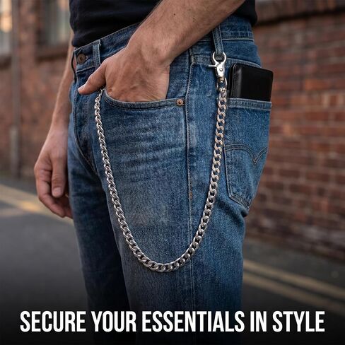 Chedin Heavy Duty Silver Chain Belt for Men, Stainless Steel Waist Chain for Wallet & Pants, Punk Hip Hop Biker Jean Chain with Secure Clasp, Chains for Keys Wallets in Saudi Arabia