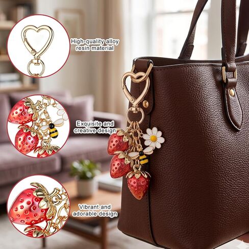 Strawberry Keychain Charm Cute Strawberry Keychain Set with Bee and Flower Charm Daisy Strawberries Bag Charms Handbag for Women, Red Glitter Purse Accessories in Saudi Arabia