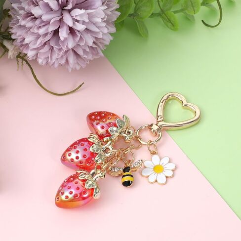 Strawberry Keychain Charm Cute Strawberry Keychain Set with Bee and Flower Charm Daisy Strawberries Bag Charms Handbag for Women, Red Glitter Purse Accessories in Saudi Arabia