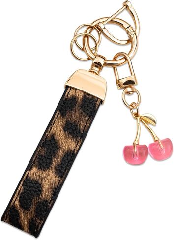 Cherry Keychain Cheetah Leather Wristlet Keychain for Women Leopard Print Purse Charms Aesthetic Leather Bag Charm Cute Leopard Print Keychains for Car Keys in Saudi Arabia