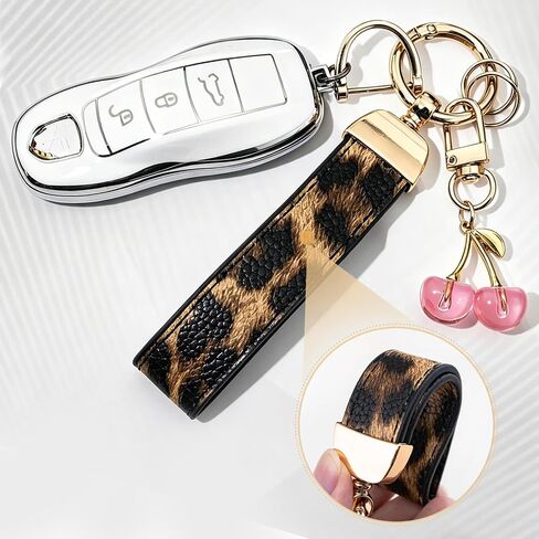 Cherry Keychain Cheetah Leather Wristlet Keychain for Women Leopard Print Purse Charms Aesthetic Leather Bag Charm Cute Leopard Print Keychains for Car Keys in Saudi Arabia
