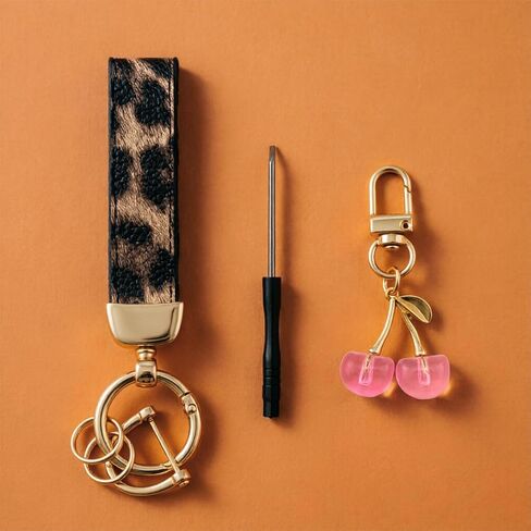 Cherry Keychain Cheetah Leather Wristlet Keychain for Women Leopard Print Purse Charms Aesthetic Leather Bag Charm Cute Leopard Print Keychains for Car Keys in Saudi Arabia