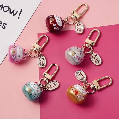 Japanese Styles Cartoon Cats with Bells Keychain Bag Charm Metal Car Keyring Pendant Ornament for Women and Men Cute Lucky cat Praying Pendant in Saudi Arabia