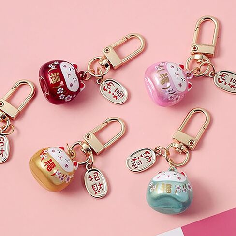 Japanese Styles Cartoon Cats with Bells Keychain Bag Charm Metal Car Keyring Pendant Ornament for Women and Men Cute Lucky cat Praying Pendant in Saudi Arabia