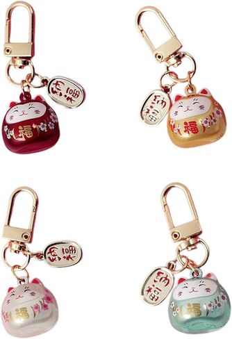 Japanese Styles Cartoon Cats with Bells Keychain Bag Charm Metal Car Keyring Pendant Ornament for Women and Men Cute Lucky cat Praying Pendant in Saudi Arabia
