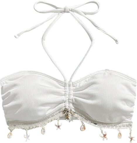 Milumia Women's Boho Seashell Halter Bikini Top Ruched Tie Backless Swimsuit Bathing Suit Tops in Kuwait