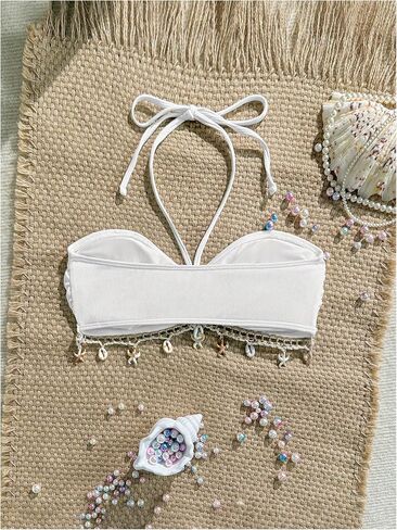 Milumia Women's Boho Seashell Halter Bikini Top Ruched Tie Backless Swimsuit Bathing Suit Tops in Kuwait