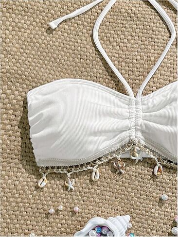 Milumia Women's Boho Seashell Halter Bikini Top Ruched Tie Backless Swimsuit Bathing Suit Tops in Kuwait