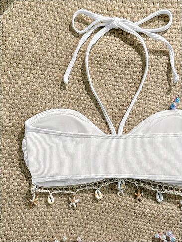 Milumia Women's Boho Seashell Halter Bikini Top Ruched Tie Backless Swimsuit Bathing Suit Tops in Kuwait