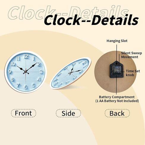 Light Blue Minimalist Number Wall Clock - 10 Inch Silent Non-Ticking Decorative Clock - Modern Decor for Living Room Bedroom Kitchen in Kuwait