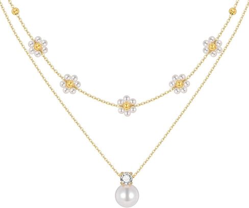 Gold Pearl Necklaces for Women - 14K Gold Plated Layered Pearl Necklace Set, Dainty Cute Floral Daisy Pearl Necklace,CZ Jewelry Bride Bridesmaid Wedding Birthday Gifts for Her in Saudi Arabia