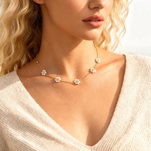 Gold Pearl Necklaces for Women - 14K Gold Plated Layered Pearl Necklace Set, Dainty Cute Floral Daisy Pearl Necklace,CZ Jewelry Bride Bridesmaid Wedding Birthday Gifts for Her in Saudi Arabia