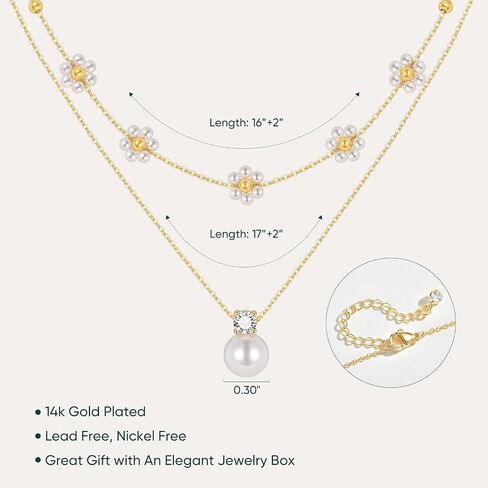 Gold Pearl Necklaces for Women - 14K Gold Plated Layered Pearl Necklace Set, Dainty Cute Floral Daisy Pearl Necklace,CZ Jewelry Bride Bridesmaid Wedding Birthday Gifts for Her in Saudi Arabia