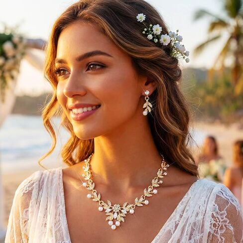 Aukmla Rhinestone Wedding Jewelry Sets for Brides and Women Pearl Necklace and Earring Set Prom Jewelry in Kuwait