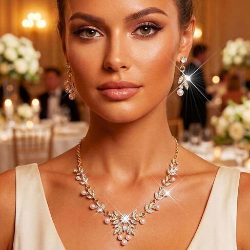Aukmla Rhinestone Wedding Jewelry Sets for Brides and Women Pearl Necklace and Earring Set Prom Jewelry in Kuwait