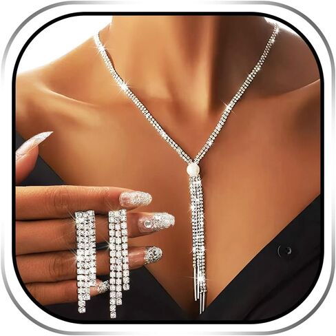 JEAIRTS Long Rhinestone Necklace and Earring Set Silver Bridal Crystal Tassel Jewelry Sets for Women in Saudi Arabia