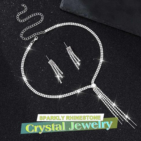 JEAIRTS Long Rhinestone Necklace and Earring Set Silver Bridal Crystal Tassel Jewelry Sets for Women in Saudi Arabia