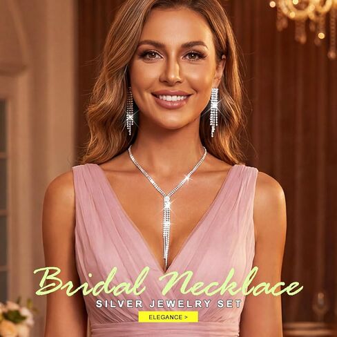 JEAIRTS Long Rhinestone Necklace and Earring Set Silver Bridal Crystal Tassel Jewelry Sets for Women in Saudi Arabia