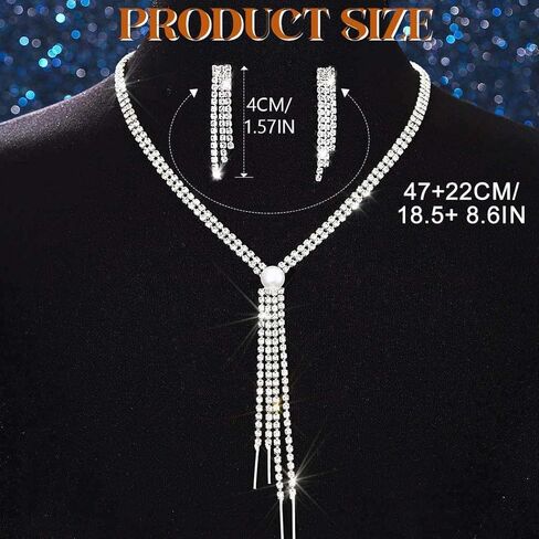 JEAIRTS Long Rhinestone Necklace and Earring Set Silver Bridal Crystal Tassel Jewelry Sets for Women in Saudi Arabia