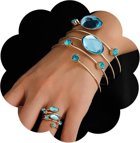 Gold Open Bracelet Ring Set for Women Chunky Rhinestone Cuff Open Adjustable Bracelet Ring Set Vintage Party Jewelry in Saudi Arabia