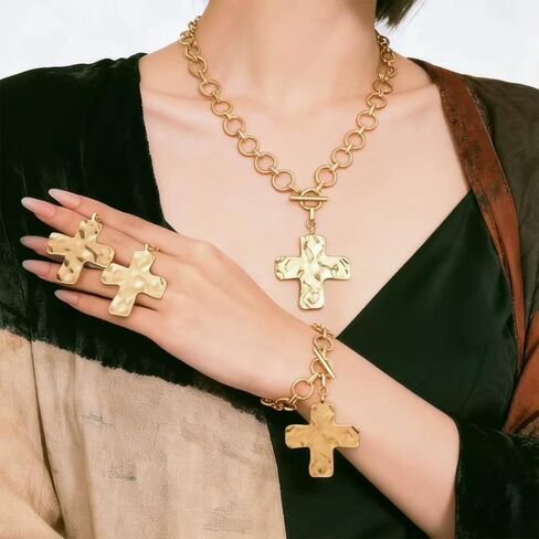 الذهب مكتنزة الفضة الصليب قلادة سوار مجموعة الأقراط للنساء بيان، جريئة سميكة مطروق متقاطعة OT المشبك القلائد حفلة موسيقية الإيمان مجوهرات in Kuwait